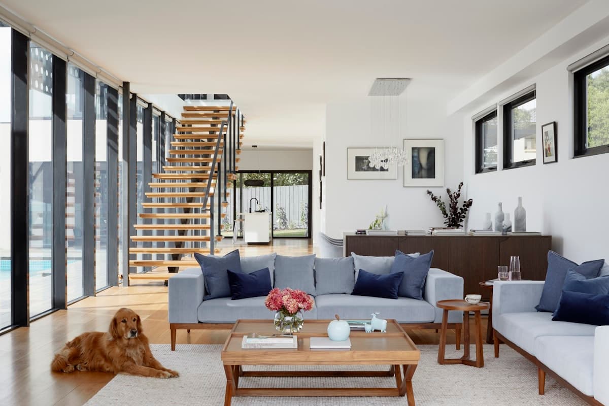 Bright open-plan living room with crisp white walls